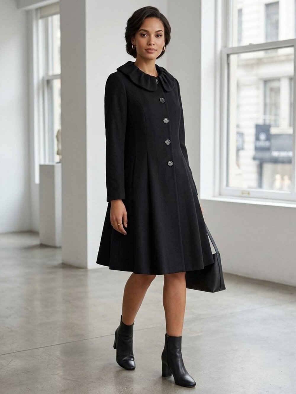 VERSONA Button Down Long Coat With Ruffled Collar